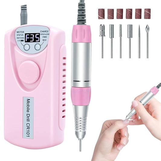 Professional Nail Drill Electric File:COYZU 35000RPM Portable Cordless Nail Drill Machine with Bits, Rechargeable E File for Acrylic & Gel Nails, Manicure & Pedicure Tech Tool for Home Salon, Pink