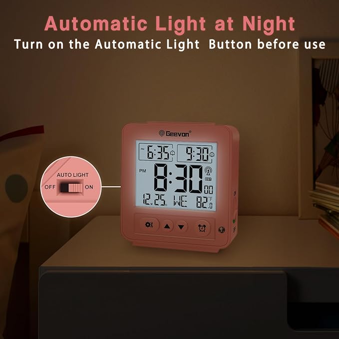Geevon Small Digital Atomic Alarm Clock for Bedroom, Travel Table Clock with Auto/8s Backlight, 2 Alarm, Temperature, Desk Clock Battery Operated for Deep Sleepers Kids Elderly Home Office, Pink