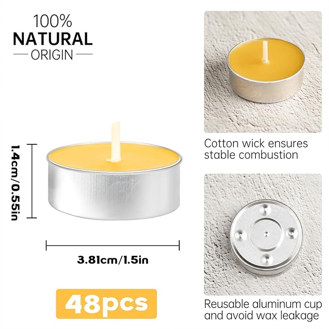 48 Pack Beeswax Tea Candles in Aluminum Cup, 4 Hours Burn Time, Natural Beeswax Tealight Candles for Gift Choice, Home Decor, Air Purification, Honey Scent Pure Bees Wax Tea Lights