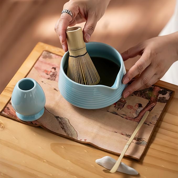 8 Pcs Matcha Whisk Set, Ceramic Matcha Whisk Holder, Ceramic Bowl with Spout, Matcha Ceremony Accessory, Home Kitchen Decor Tea Gifts for Birthdays, Halloween and Christmas (Blue)