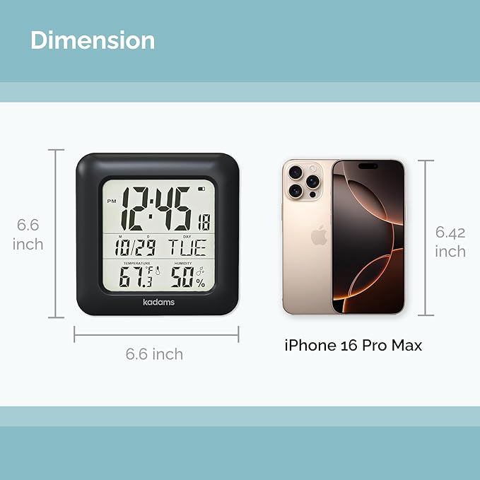 KADAMS Bathroom Clock 9.5" Kitchen Wall Clock with Large LCD Screen – Shower Clock with Suction Cup,Temperature, Humidity, Calendar – Water-Resistant, 4 Mounting Options, Black