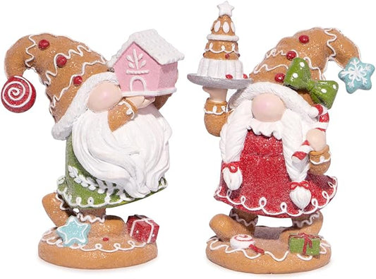 Hodao Christmas Gingerbread Gnome Duo — Resin Hand-Painted-Look Tabletop Decor with Cake & House, Mantel, Tiered Tray