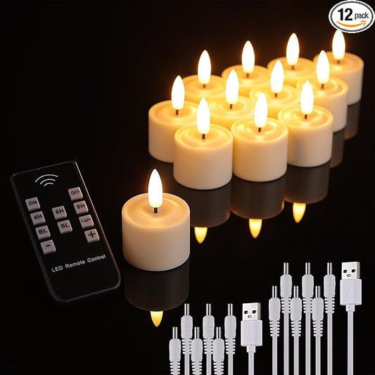 Rechargeable Tea Lights flameless Candles with Timer and Remote,led Votive Candles Battery Operated-Flickering Realistic,for Room,Retirement Party,Wedding Decor,Christmas (12 Pack)