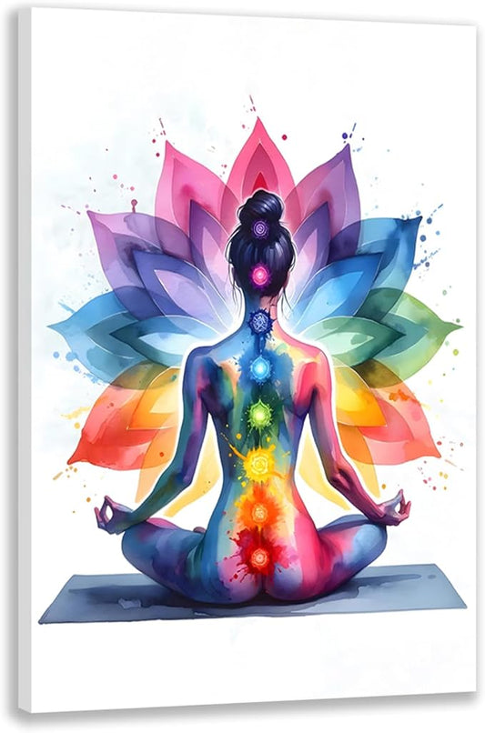 GELDSTEI Framed Zen Wall Art, Chakra Yoga Wall Decor, Colorful Meditation Poster Print, Spiritual Canvas Painting, Vibrant Meditating Woman Aesthetic Picture for Living Room Yoga Studio 16"x24"