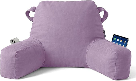 Portable Comfy Reading Pillows for Bed Sitting Up(Lavender Purple Oeko-Tex), Velvet Back Pillow with Arms & Pockets for Adults, Support Memory Foam Bed Pillow for Dorm/Reading/Watching/Gaming