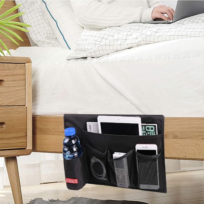 Bedside Caddy,5 Pockets Bedside Organizer Caddy Under Mattress,Holds Water Bottles,Magazines,Books (Black)