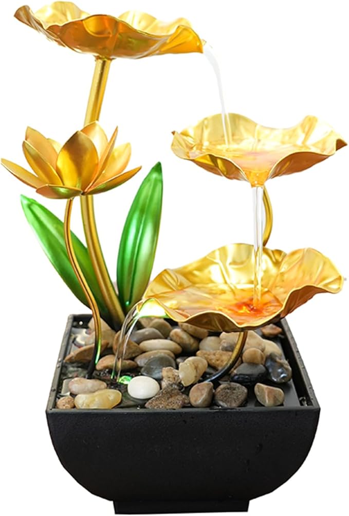 Gold Tabletop Water Fountain, Desktop Waterfall, Indoor Lotus Desktop Decorative Fountain, Home Bathroom Bedroom Decor.Thanksgiving Gift