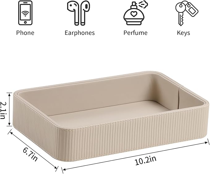PU Leather Valet Tray Organizer, Modern Nightstand Organizer Bedside Desktop Storage for Womens and Men, Decorative Perfume Trinket Catchall Vanity Tray for Key Watch Wallet (Beige)