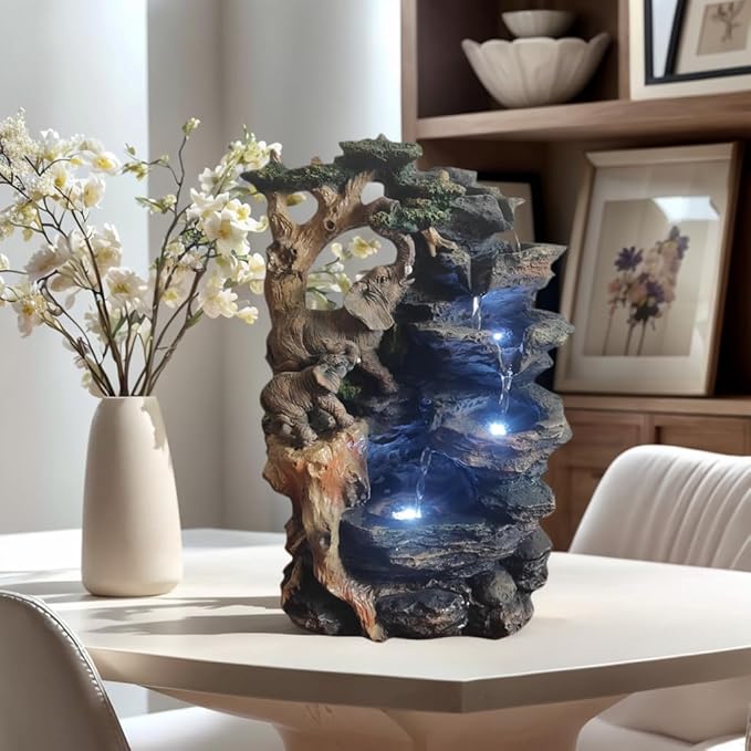 Water Fountain Indoor, Desktop Fountain Waterfall,Elephant Sculpture Layered LED Lighting. Indoor Office and Home Decorations Suitable for Creating a Peaceful Atmosphere.