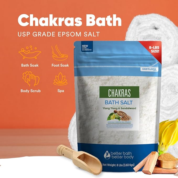 Chakras Bath Salt 128 Ounces (8 Lbs) Epsom Salt with Natural Ylang Ylang and Sandalwood Essential Oils Plus Vitamin C in BPA Free Pouch with Easy Press Lock Seal Made in USA