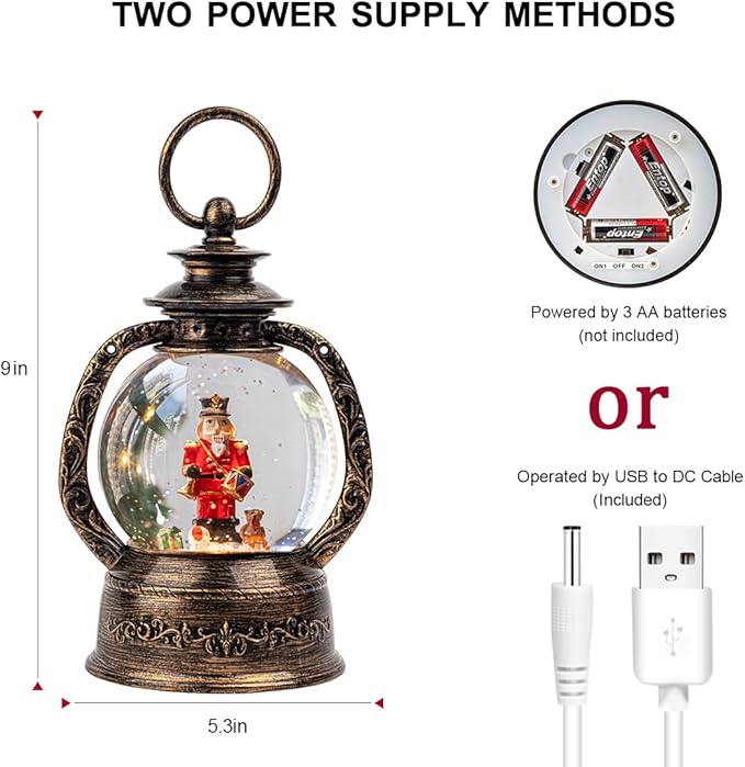 Musical Snow Globe Lantern Lighted Nutcracker Christmas Snow Water Lantern Swirling Glittering Home Decoration and Gift, Battery Operated or USB Powered