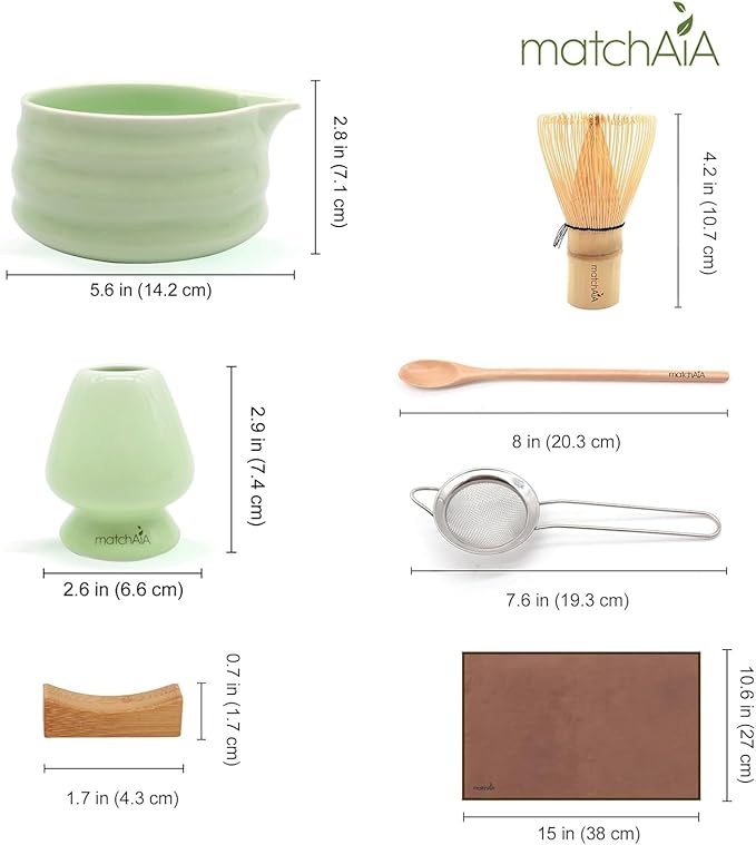 Matcha Whisk Set - Ceramic Bowl, Bamboo Whisk with Holder, Sifter, Schima Spoon, Spoon Rest and Tea Towel - 7 Pcs Complete Kit for Traditional Matcha and Modern Lattes (Green)