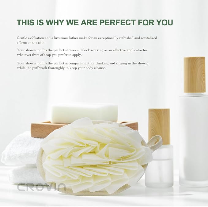 Bath Puff Shower Sponge - Premium Large 5x7 Exfoliating Pouf Mesh Sponge - 2 Count Loofahs Shower Scrubber for Men and Women-Elastic Hand Strap Body Scrub to Soothe, Cleanse Your Body