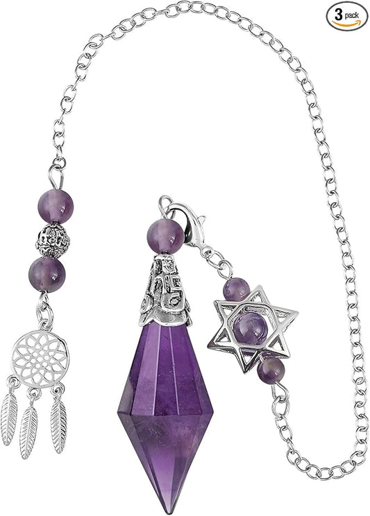 TUMBEELLUWA Reiki Healing Crystal Point Pendulum Dowsing Divination, Reiki Meditation Faceted Stone Pendant with Dream Catcher and Merkaba Star Chain, Amethyst