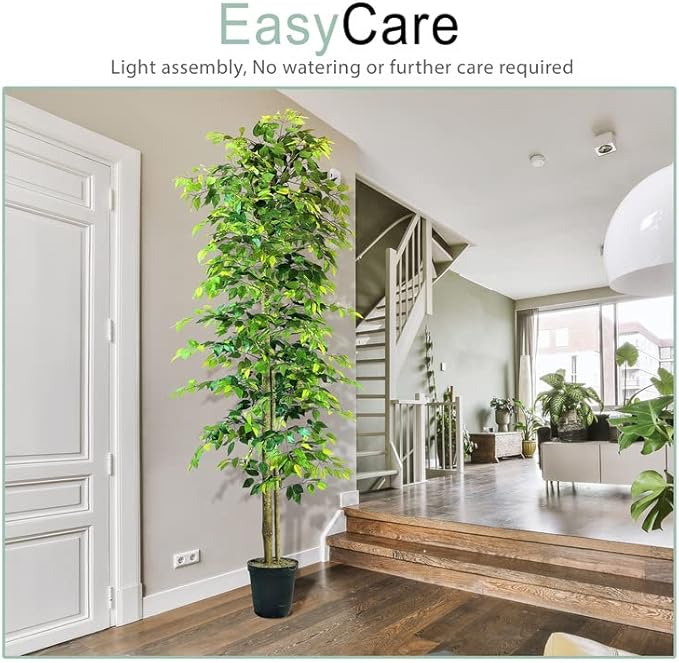 Artificial Ficus Tree in Black Plastic Pot - Real Wood Trunk, Preassembled, No Maintenance Indoor Faux Plant - Living Room, Home & Office Decor (10ft Tall)