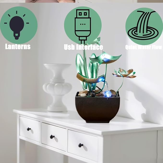 Tabletop Water Fountain: 3-Tier Tabletop Fountain Lotus Desk Relaxation Home Decor - Blooms and Leaves Flowing Water for Relaxing Décor Green