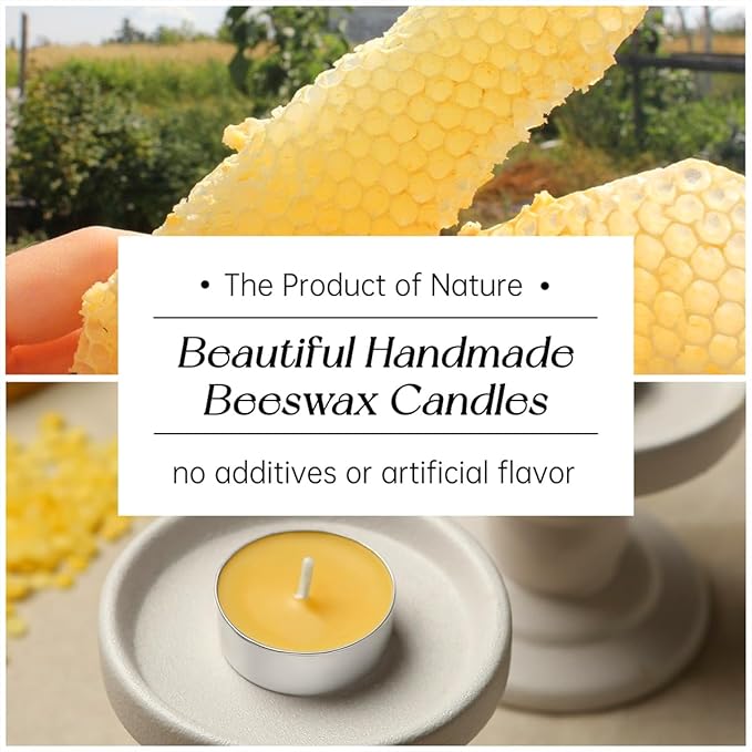 48 Pack Beeswax Tea Candles in Aluminum Cup, 4 Hours Burn Time, Natural Beeswax Tealight Candles for Gift Choice, Home Decor, Air Purification, Honey Scent Pure Bees Wax Tea Lights