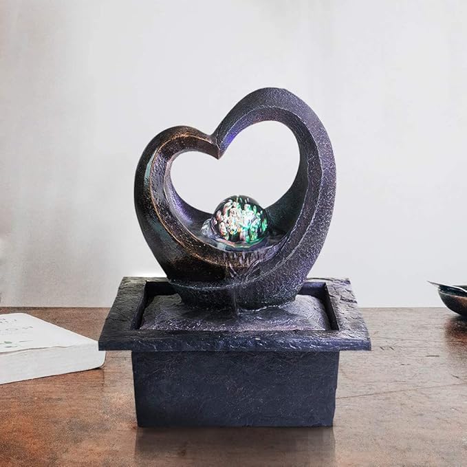 Ferrisland Tabletop Water Fountain, Zen Meditation Indoor Waterfall Fountain, Heart Shape Decoration with LED Light for Home Office Bedroom Relaxation Decor, Gift Ideas