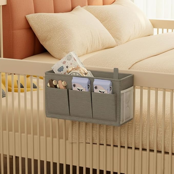 Bedside Caddy Organizer,Bed Hanging Storage Bag for Dorm Utility Carts Bed Rails,Book Phone Magazine Holder(6 Pockets,Grey)