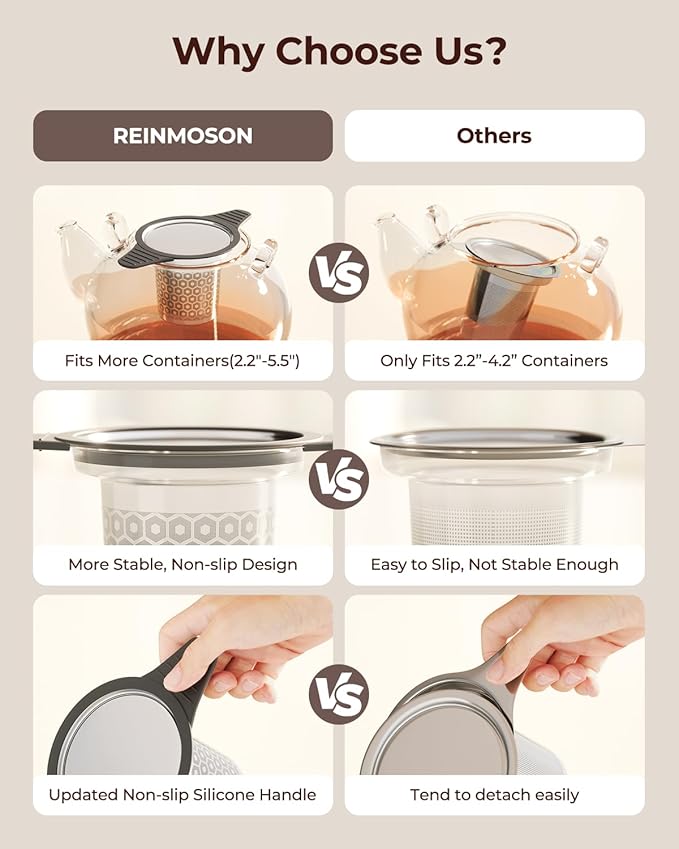 Reinmoson Extra Fine Mesh Tea Strainers & Filters for Loose Tea Single Cup, 304 Stainless Steel and Food Grade Silicone Loose Leaf Tea Steeper for Black Tea, Coffee, Rooibos, etc