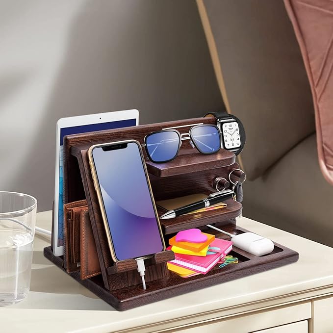 Wood Phone Docking Station - Gifts for Men Desk or Nightstand Organizer - Birthday Gifts for Husband, Fathers Day for Dad - Anniversary Idea from Wife - Key Holder, Stand Wallet, Watch & Essentials