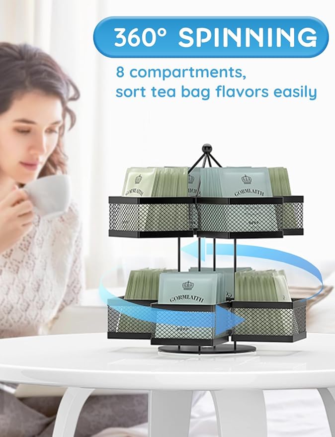 VOGWOLTH Tea Bag Organizer, Tea Bag Storage Holder Spinning Carousel 96 Teabags Container, Lazy Susan Coffee Creamer Sweetener Tea Caddy for Kitchen Counter Cabinet Pantry Shelf Organizer