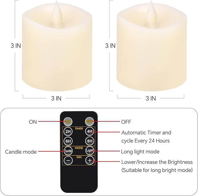 3x3 Flameless Candles Battery Operated with Remote Timer, Last 600 Hours Battery Candles Flickering, Ivory Real Wax Electric LED Candle for Wedding Party, Set of 2