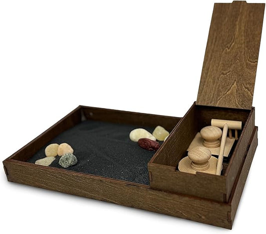 Wooden Zen Garden with Accessories Box | Moonless Night Black Sand with Rake & Accessories | Minimalist Decor Gift for Relaxation | Great for Storing Tools and Other Items