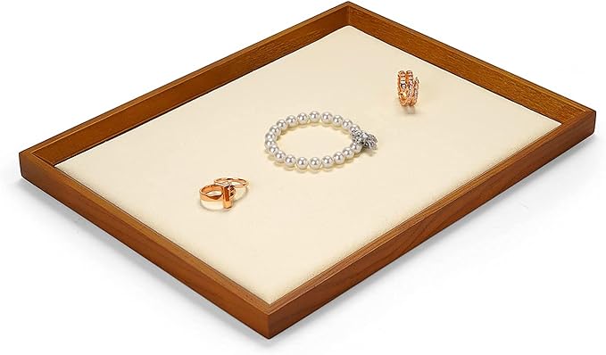 Oirlv Solid Wood Flat Jewelry Tray, Rectangle Jewelry Display Tray, Drawer Dresser or Nightstand Organizer, Microfiber Valet Plate, Catchall Plate(Creamy-White, Large)