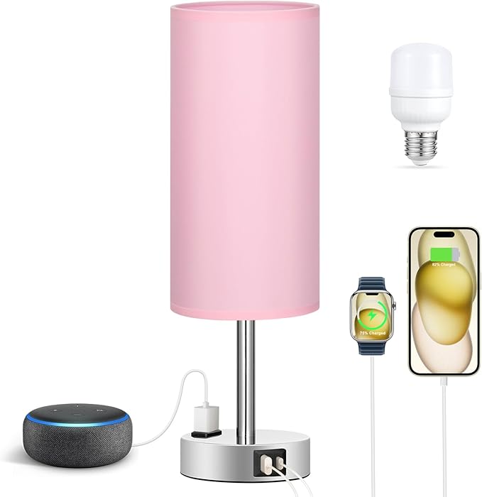 Fenmzee Pink Lamp for Bedroom Nightstand - 3 Way Dimmable Touch Table Lamp USB C Charging Ports, Small Lamp with AC Outlet for Desk Girls Room, LED Bulb Included