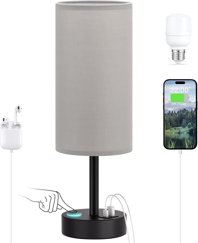 Grey Touch Bedside Lamp with USB - 3 Way Dimmable Table Lamp for Bedroom, Nightstand Lamp with Black Charging Station for Desk Dorm, Office, Boy Kids Room, Small