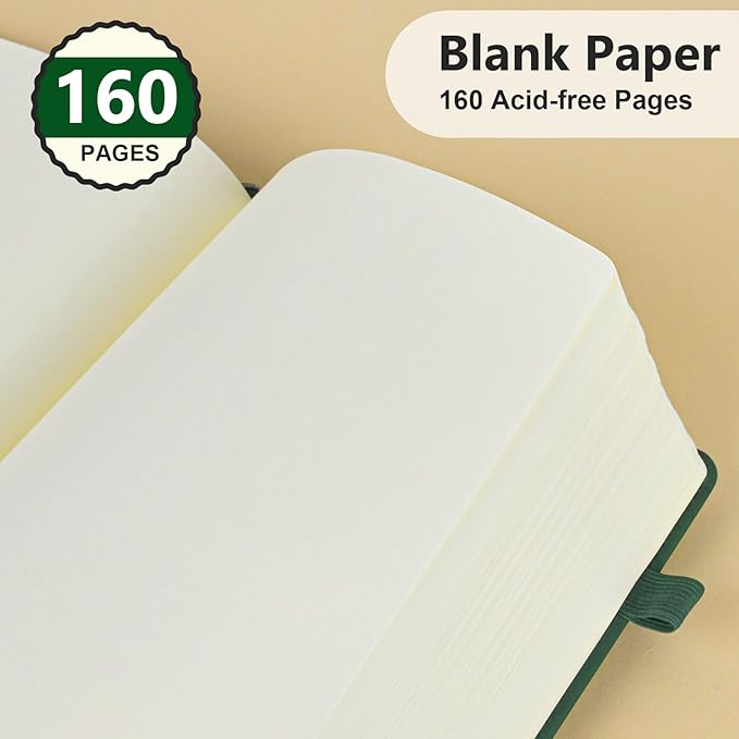 Blank Journal Ntebook for Men & Women, 160 Pages Blank Journals for Writing, Drawing,Sketch Book,5.9" x 8.5" Leather Sketchbook, Unlined Notebook for Work, School, Art - Green