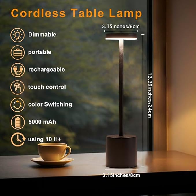 LED Cordless Table Lamp Set of 2, Portable 5000mAh Rechargeable Table Lamps, Touch Control Outdoor Table Lamp, 3 Color Dimmable Cordless Table Light For Dinner, Patio, Bedroom, Restaurant - Black