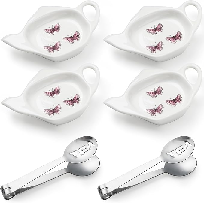 Coaster Set of 6 White Ceramic Tea Bag Holder and Stainless Steel Tea Bag Squeezer (style1)
