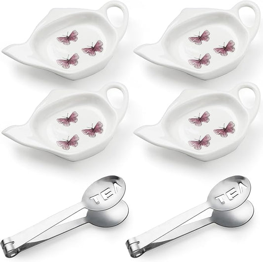 Coaster Set of 6 White Ceramic Tea Bag Holder and Stainless Steel Tea Bag Squeezer (style1)