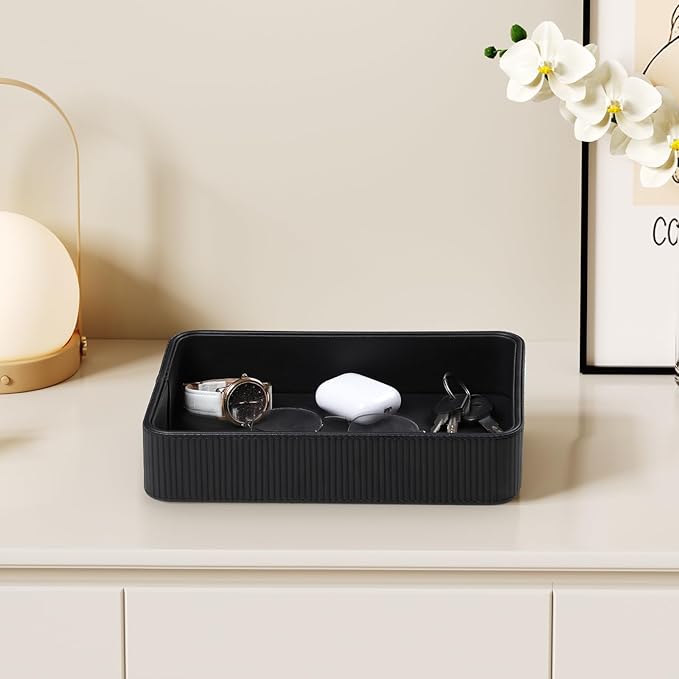 PU Leather Valet Tray Organizer, Modern Nightstand Organizer Bedside Desktop Storage for Womens and Men, Decorative Perfume Trinket Catchall Vanity Tray for Key Watch Wallet (Black)