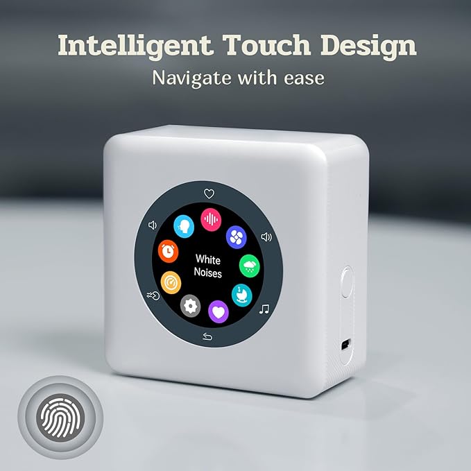 Kipcush Portable White Noise Sound Machine with Intelligent Color LCD Touch Screen, Guided Breathing, Alarm Clock. 24 Soothing Sounds, up to 24 Hours Battery Life & Sleep Music for Adults/Babies