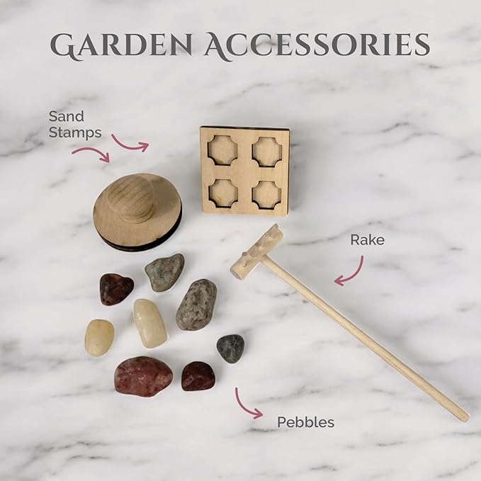 Wooden Zen Garden with Storage Box | Desert Luxe Sand with Rake & Accessories | Minimalist Decor Gift for Relaxation