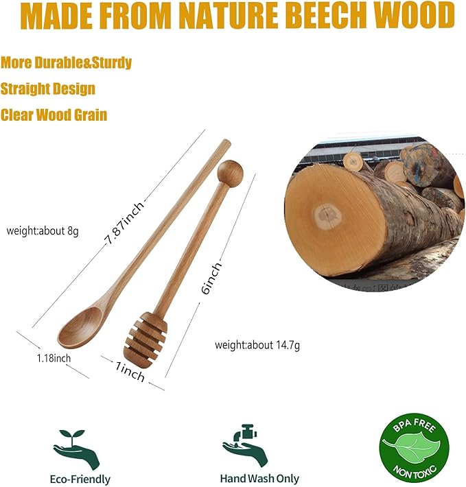 2pcs 6inch Honey Dipper Stick,2pcs 7.87inch Long Handle Coffee Stirring Spoons,Beech Wooden Honey Jar Spoons Stirrer,Dessert Iced Tea Cocktail Mixing Spoons for Home Kitchen,Wedding Party Favors