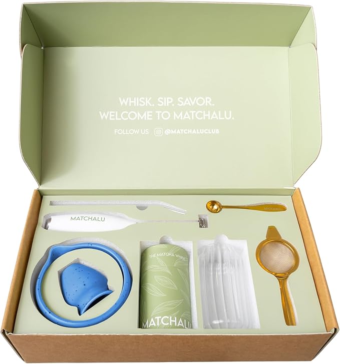 Matcha Whisk Set With Ceramic Matcha Bowl, Bamboo Whisk & Holder, Stainless Steel Spoon & Sifter, Glass Cup & Straw, Electric Frother, Storage Bag - Gift for Matcha Lovers (Premium 9-Piece Set Blue)