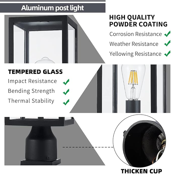 Large 15 inch Outdoor Post Light,Waterproof Cast Aluminium Lamp Post Light Fixture,Post Lantern with Pier Mount Base,Matte Black,Suitable for Garden,Yard,Driveway,etc