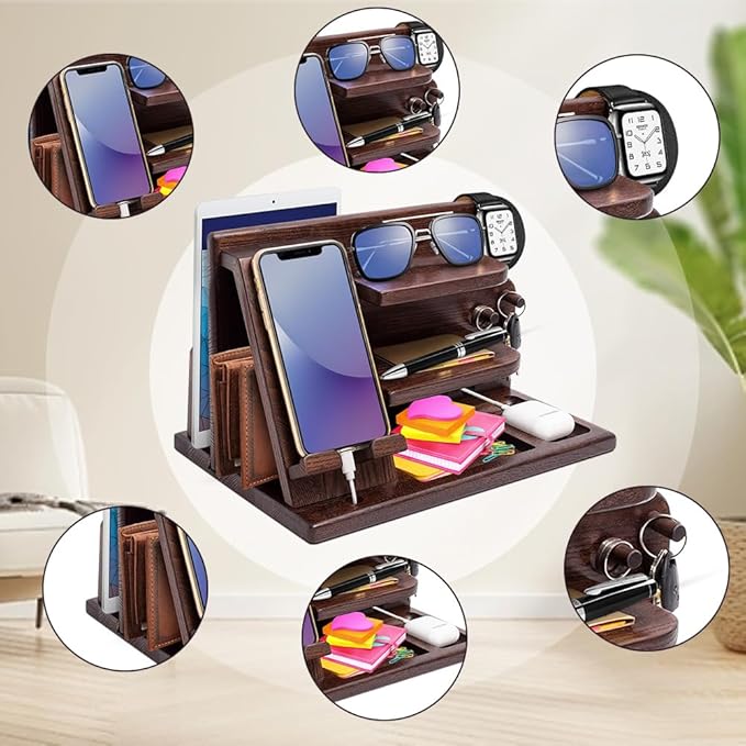 Wood Phone Docking Station - Gifts for Men Desk or Nightstand Organizer - Birthday Gifts for Husband, Fathers Day for Dad - Anniversary Idea from Wife - Key Holder, Stand Wallet, Watch & Essentials