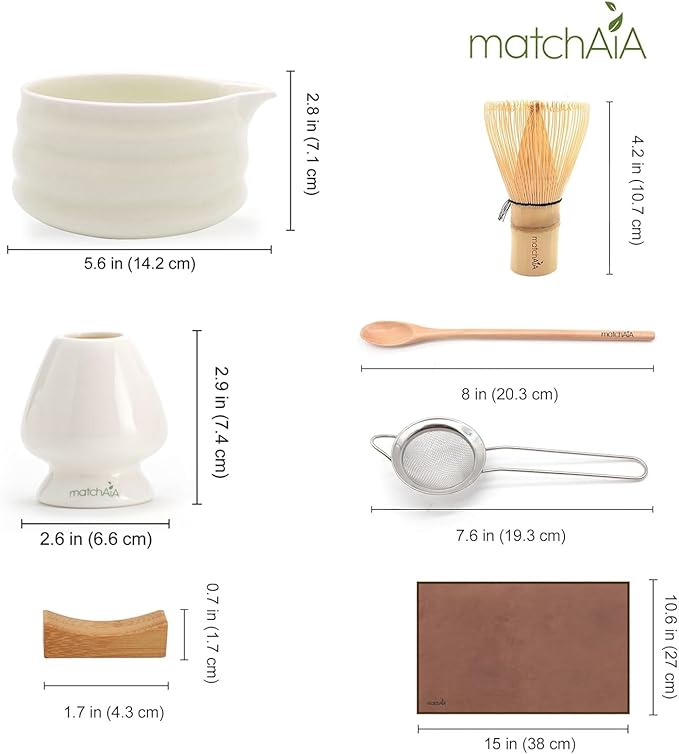 Matcha Whisk Set - Ceramic Bowl, Bamboo Whisk with Holder, Sifter, Schima Spoon, Spoon Rest and Tea Towel - 7 Pcs Complete Kit for Traditional Matcha and Modern Lattes (White)