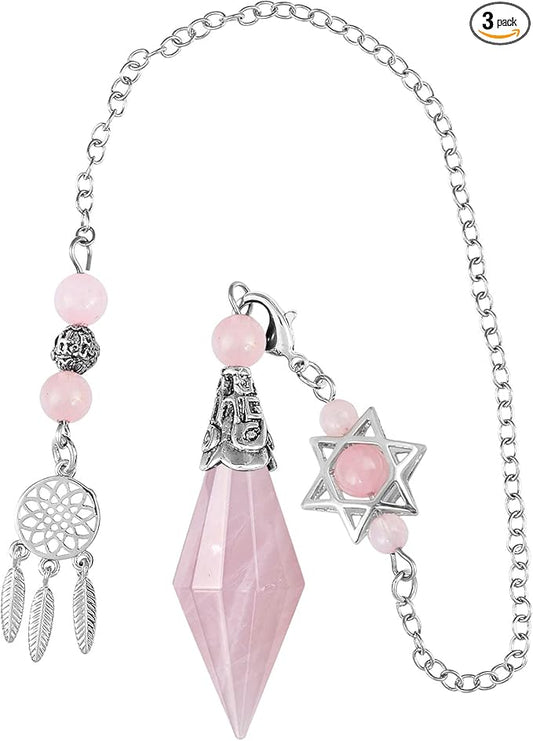 TUMBEELLUWA Reiki Healing Crystal Point Pendulum Dowsing Divination, Reiki Meditation Faceted Stone Pendant with Dream Catcher and Merkaba Star Chain, Rose Quartz