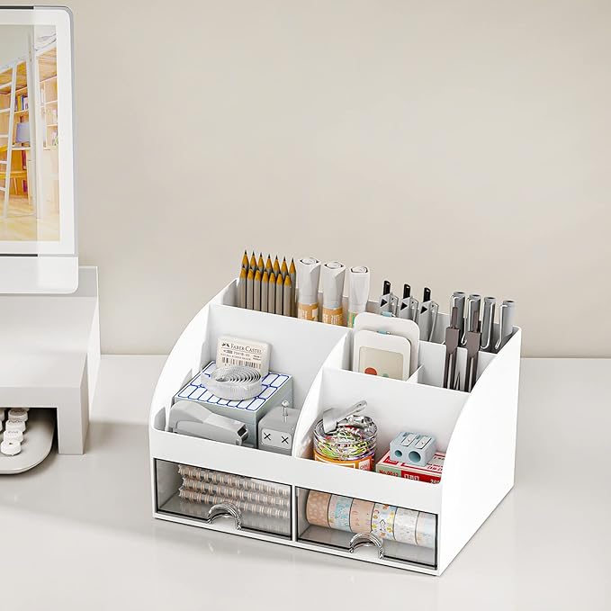 Desk Organizer with 6 Compartments and 2 Drawers, Plastic Makeup Organizer, Pen Holder for Desktop Storage, Desk Organization for School, Home, Office Supplies (White)