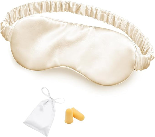 Silk Sleep Mask Eye Mask Blindfold with Double Layer Silk Filling and Elastic Strap for Full Night's Sleep, Travel and Nap, Soft Eye Cover Eyeshade with Luxury Bag and Ear Plugs (Champagne)