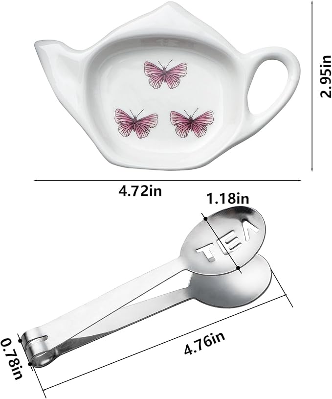 Coaster Set of 6 White Ceramic Tea Bag Holder and Stainless Steel Tea Bag Squeezer (style1)