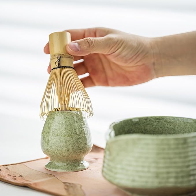 8 Pcs Matcha Whisk Set, Ceramic Matcha Whisk Holder, Ceramic Bowl with Spout, Matcha Ceremony Accessory, Home Kitchen Decor Tea Gifts for Birthdays, Halloween and Christmas (Greenish Color)