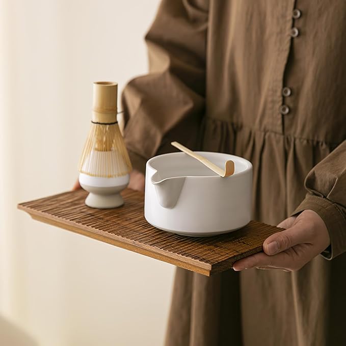 8 Pcs Matcha Whisk Set, Ceramic Matcha Whisk Holder, Ceramic Bowl with Spout, Matcha Ceremony Accessory, Home Kitchen Decor Tea Gifts for Birthdays, Halloween and Christmas (White)