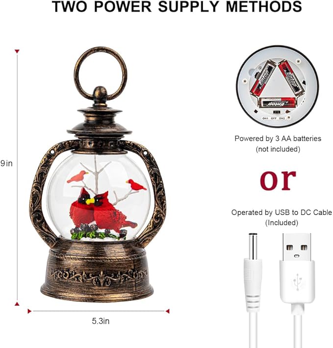 Musical Snow Globe Lantern Lighted 2 Cardinal Christmas Snow Water Lantern Swirling Glittering Home Decoration and Gift, Battery Operated or USB Powered